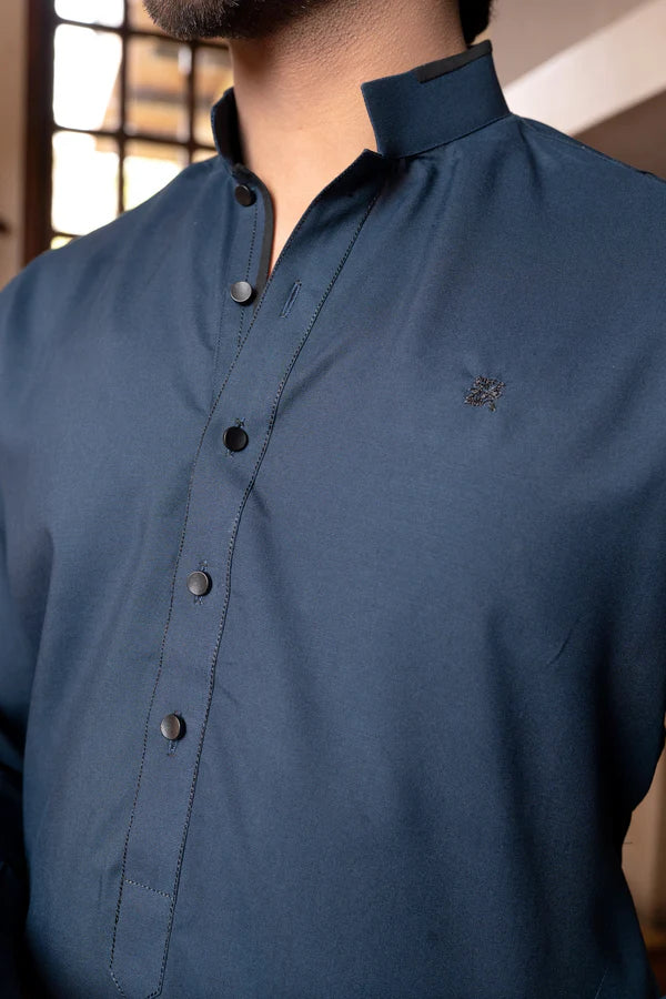 KUNZUL CHANNAR ( MENSWEAR ) - Navy Blue Mandarin Collar