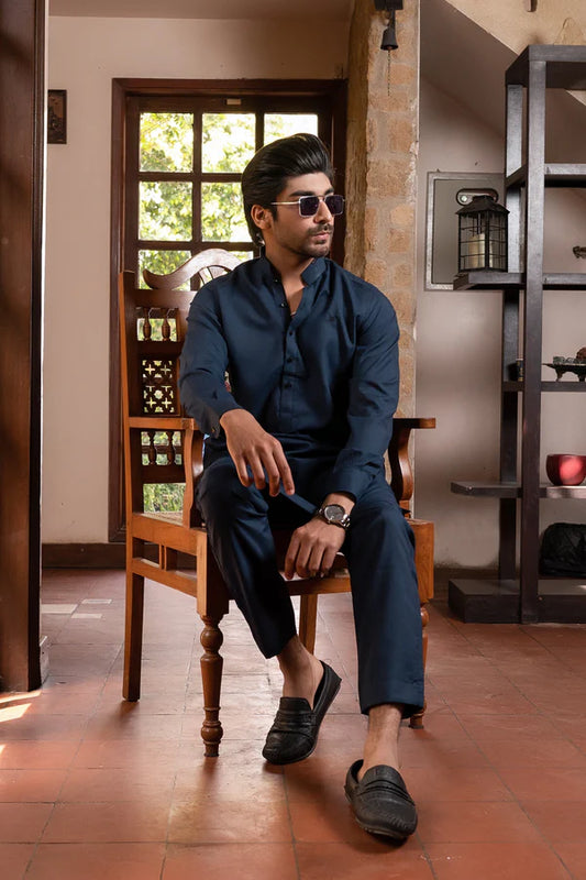 KUNZUL CHANNAR ( MENSWEAR ) - Navy Blue Mandarin Collar