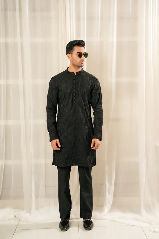 KUNZUL CHANNAR  ( MENSWEAR ) - Black with  Multi Pattern Kurta and Trouser