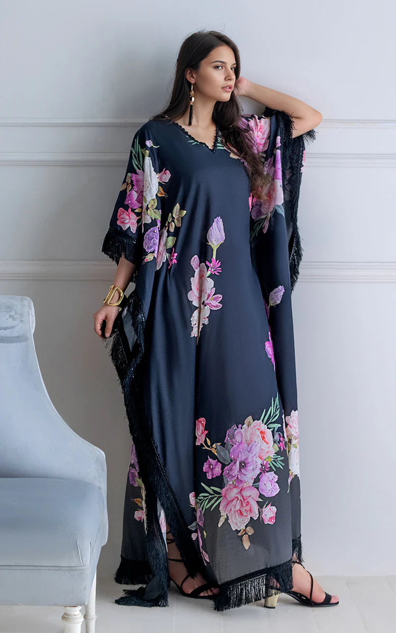 THREADS AND MOTIFS - Black Floral Print Kaftan