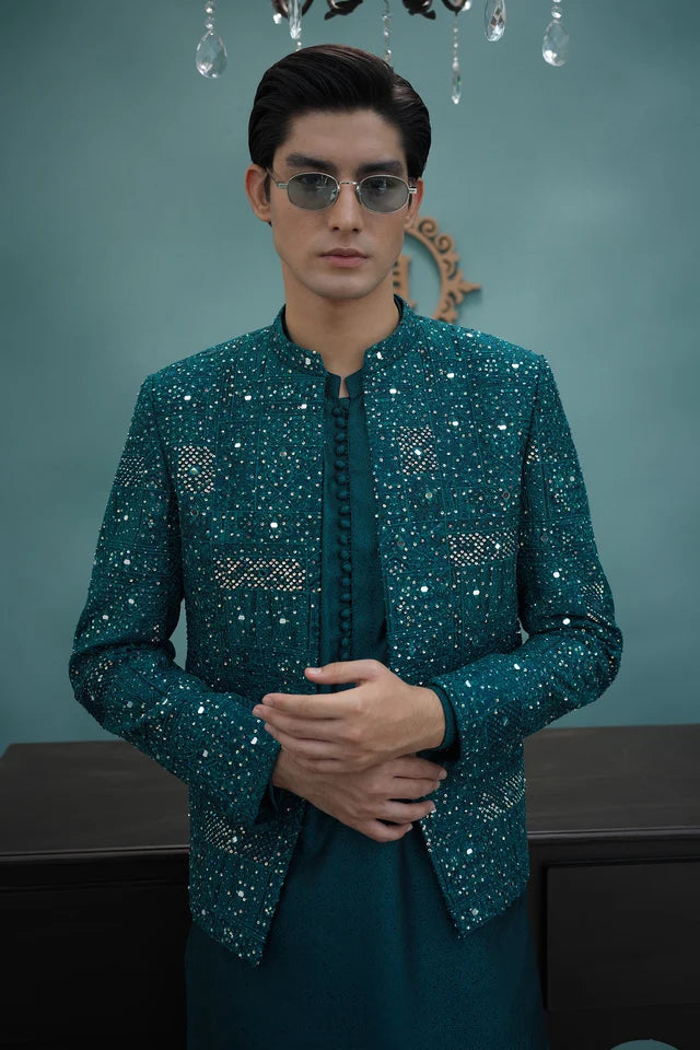 HUMAYUN ALAMGIR (MENSWEAR)- Teal blue  hand embroidered prince coat