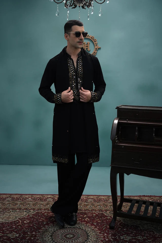 HUMAYUN ALAMGIR (MENSWEAR)-Black armani hand work with stoler