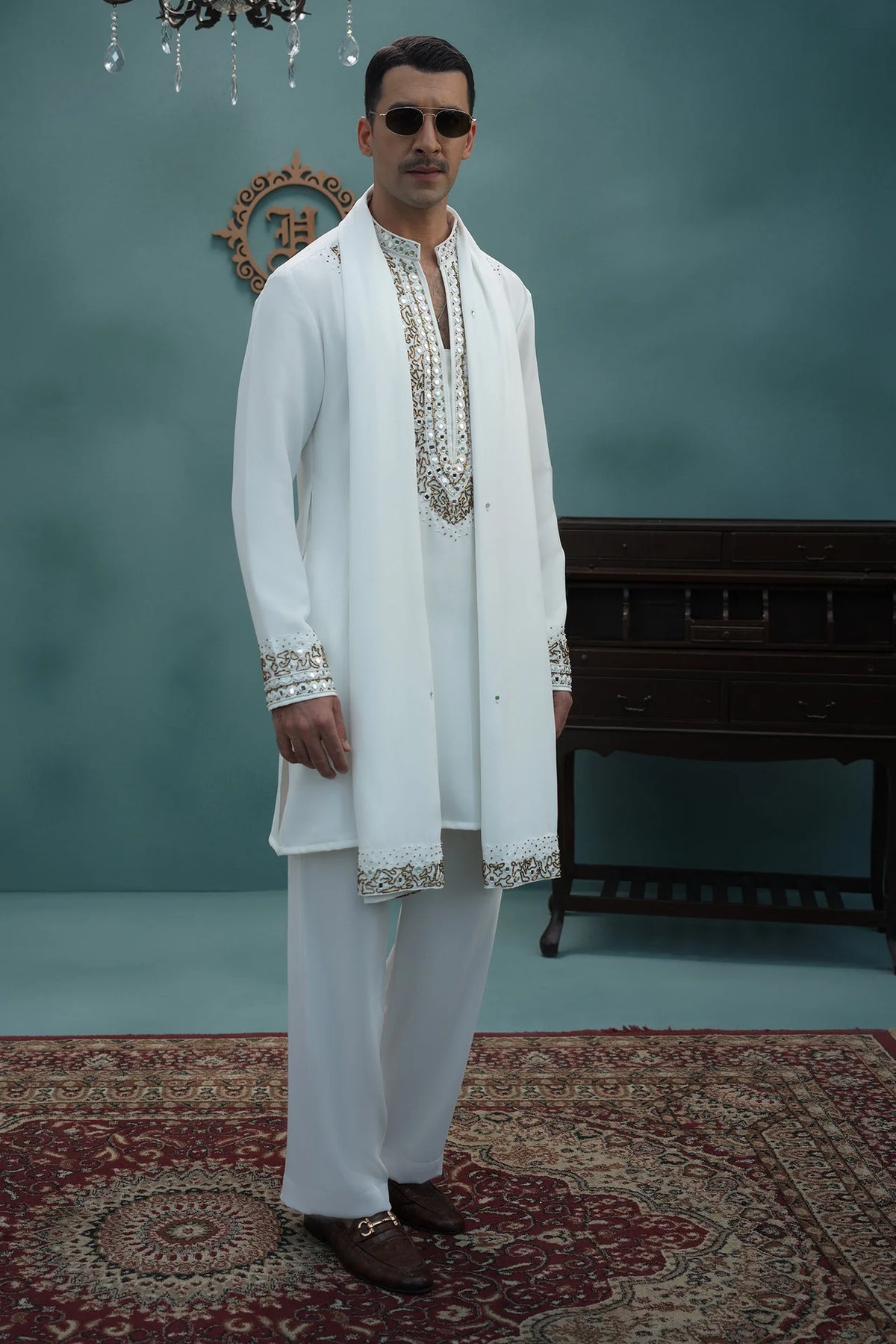 HUMAYUN ALAMGIR (MENSWEAR)-White armani hand miror work with stoler