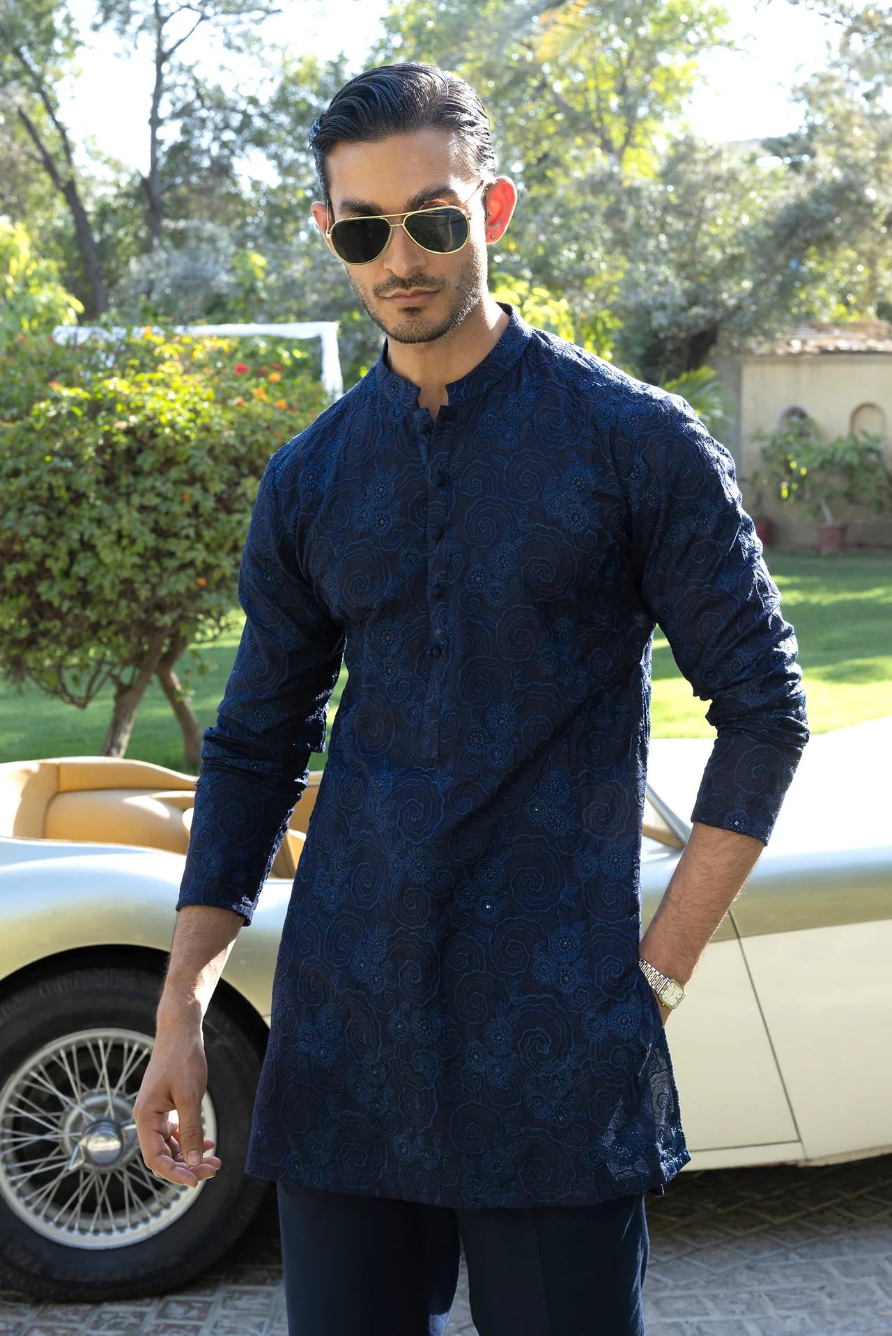 HUMAYUN ALAMGIR (MENSWEAR) - Blue Phool Kaari Kurta Pajama
