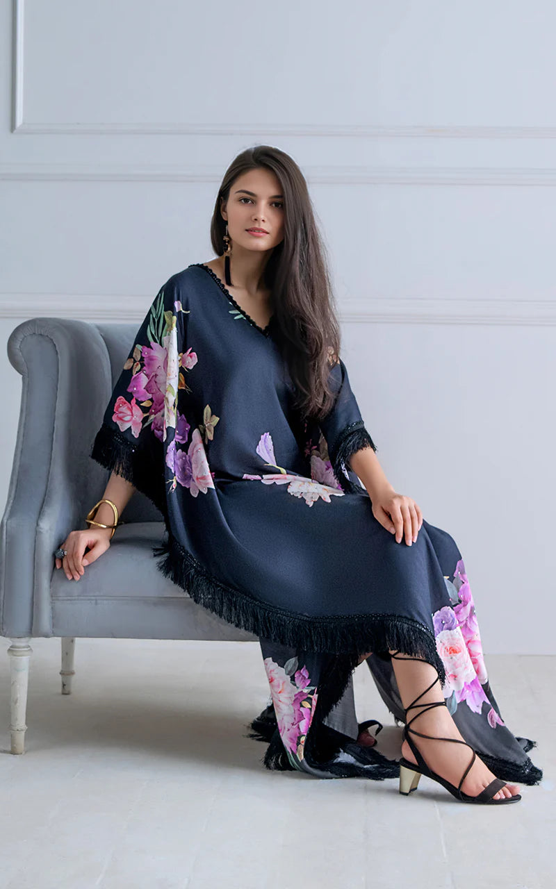 THREADS AND MOTIFS - Black Floral Print Kaftan