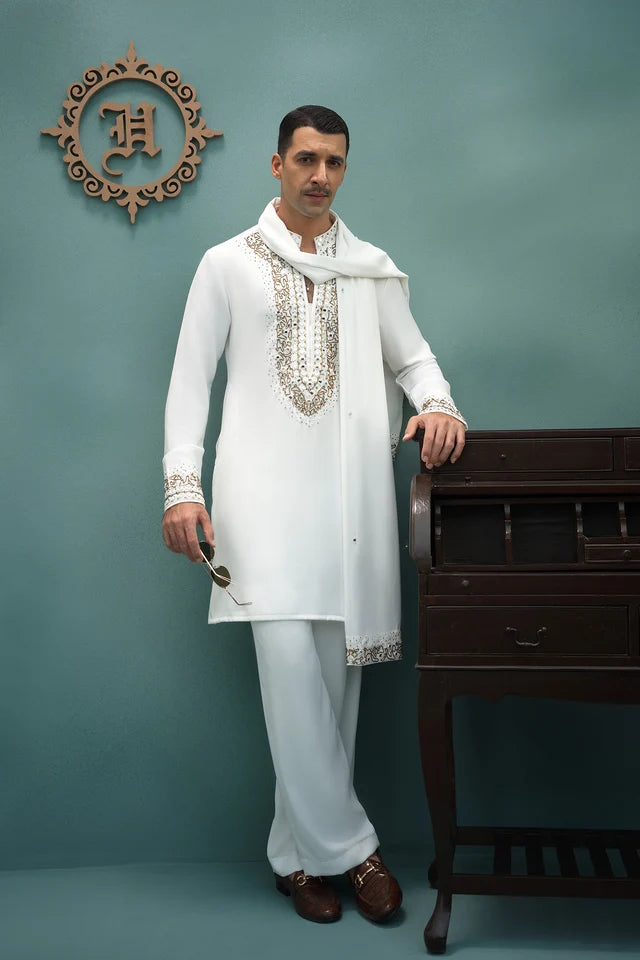 HUMAYUN ALAMGIR (MENSWEAR)-White armani hand miror work with stoler