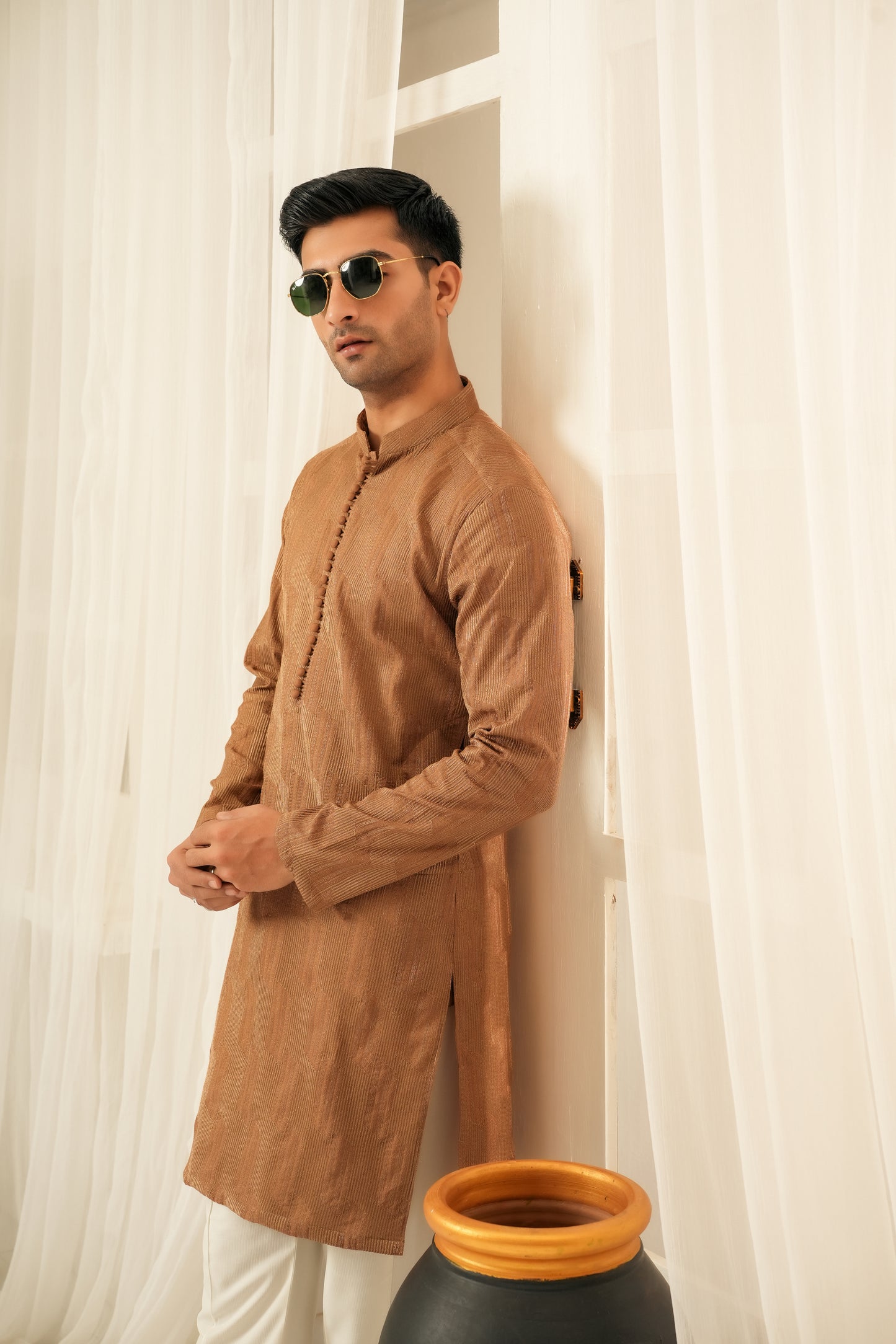 KUNZUL CHANNAR MENSWEAR - Coffee Embroidered