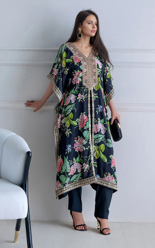 THREADS AND MOTIFS - Black Printed Kaftan Front Open