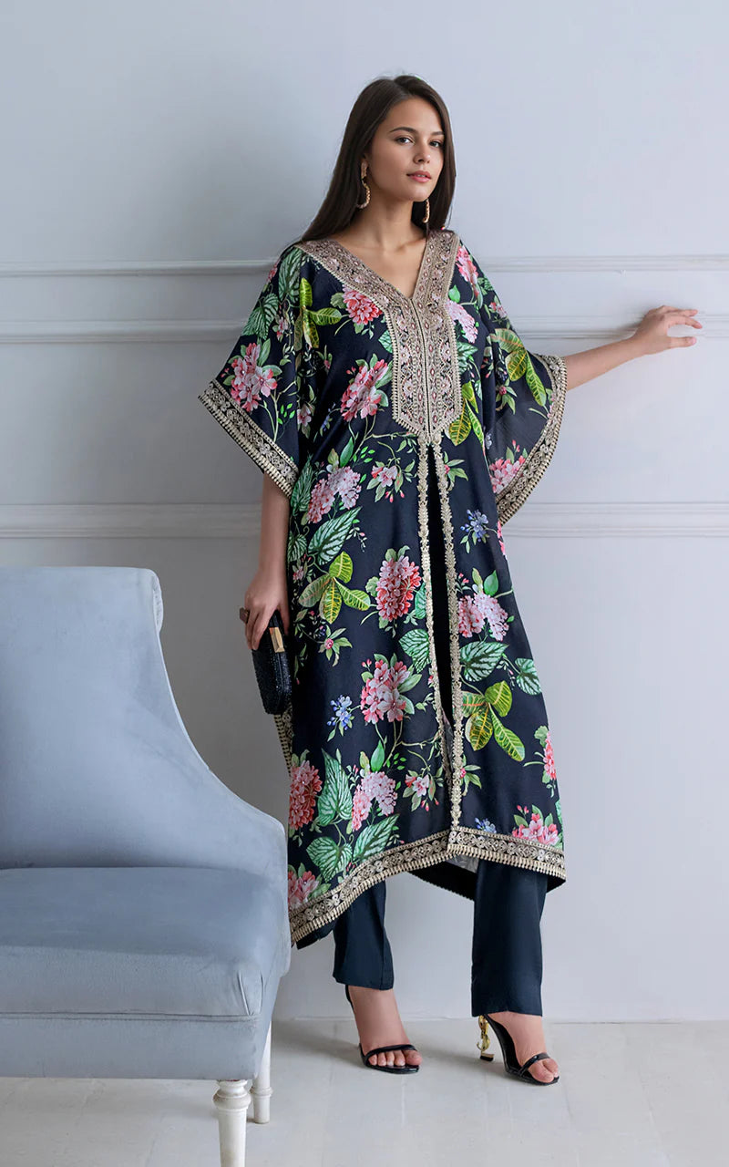 THREADS AND MOTIFS - Black Printed Kaftan Front Open