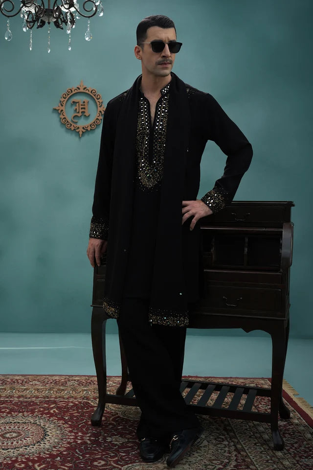 HUMAYUN ALAMGIR (MENSWEAR)-Black armani hand work with stoler