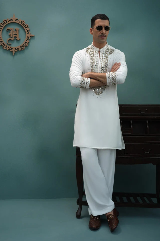 HUMAYUN ALAMGIR (MENSWEAR)-White armani hand miror work with stoler