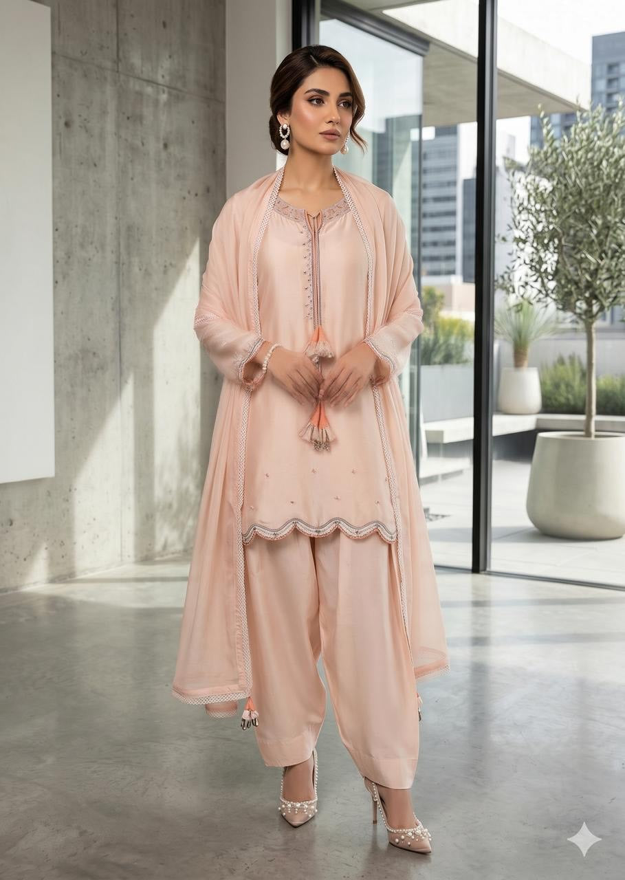 WAJEEHA ANSARI - Beige  3 Piece Silk  mirror set