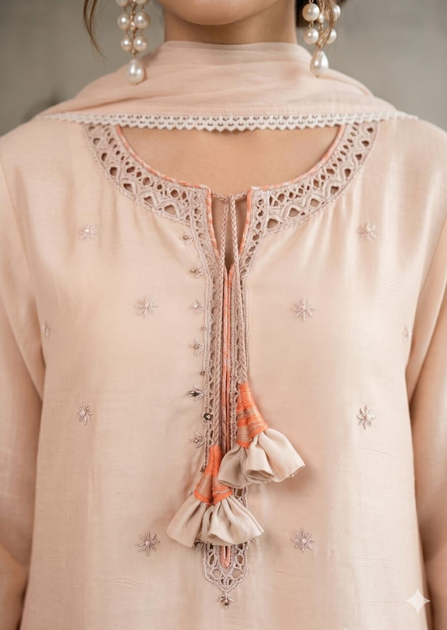 WAJEEHA ANSARI - Beige  3 Piece Silk  mirror set