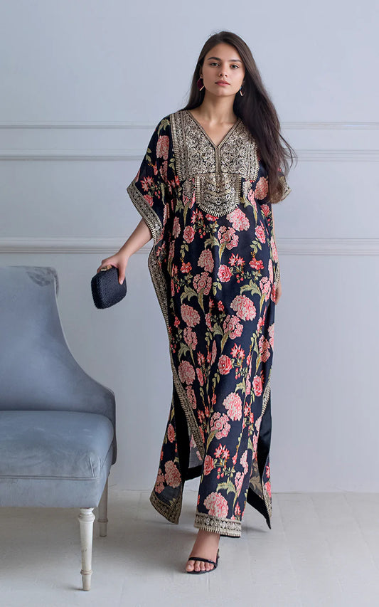 THREADS AND MOTIFS - Black Printed Kaftan with Gold