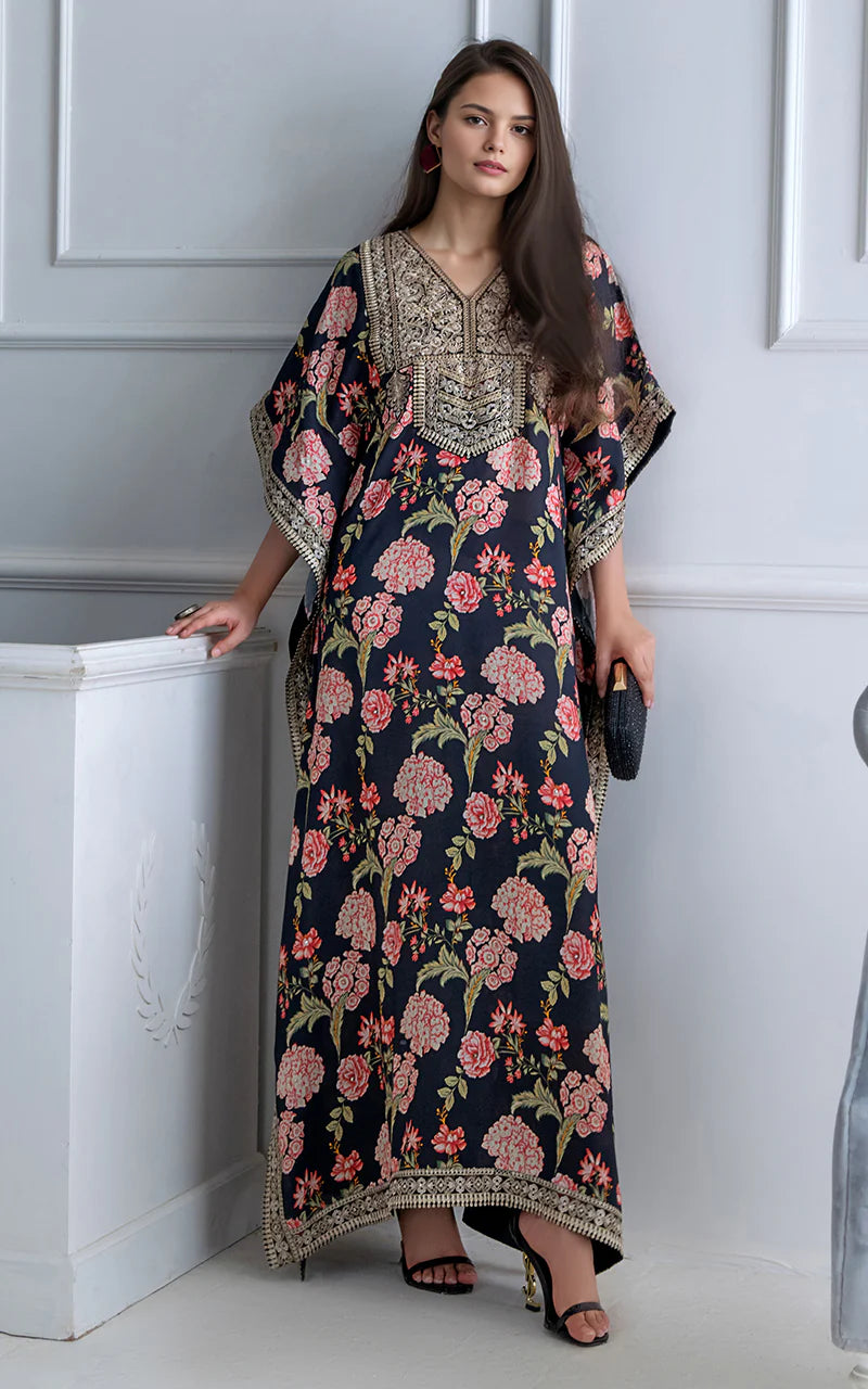 THREADS AND MOTIFS - Black Printed Kaftan with Gold
