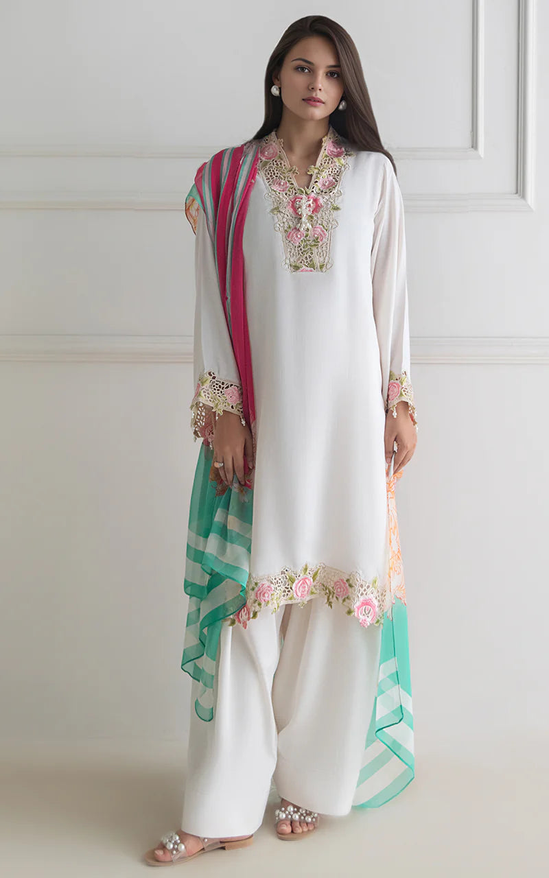 THREADS AND MOTIFS - White with Printed Dupatta