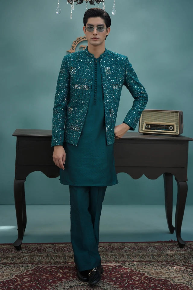 HUMAYUN ALAMGIR (MENSWEAR)- Teal blue  hand embroidered prince coat