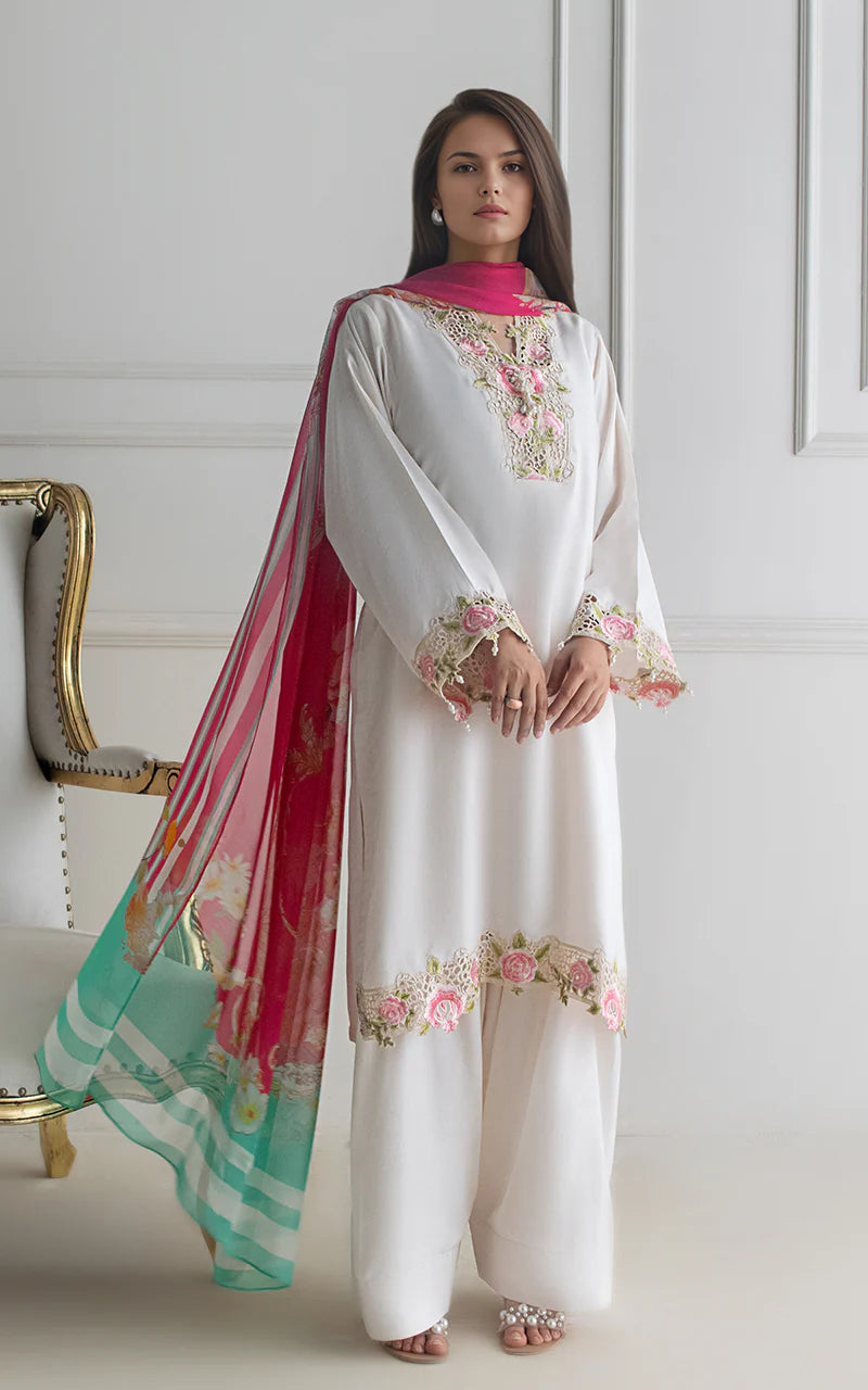 THREADS AND MOTIFS - White with Printed Dupatta