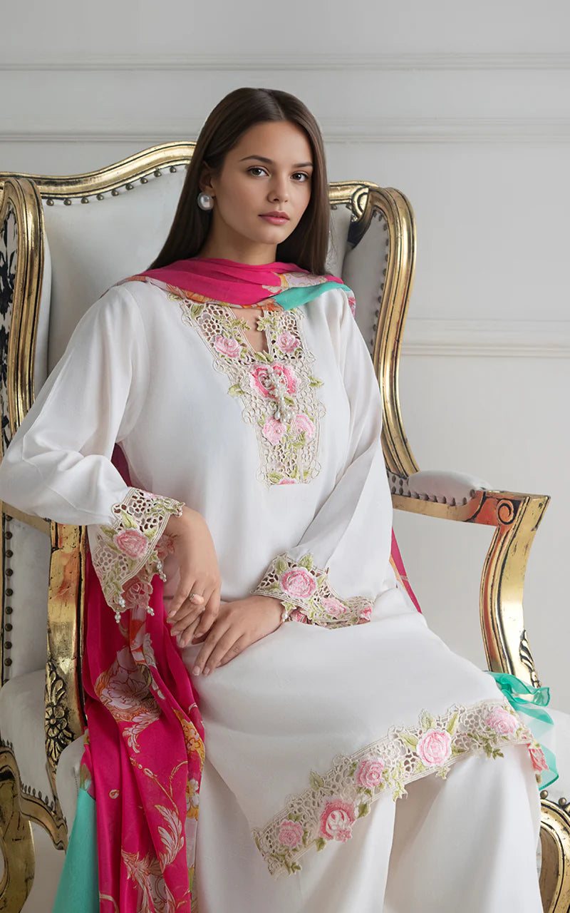 THREADS AND MOTIFS - White with Printed Dupatta