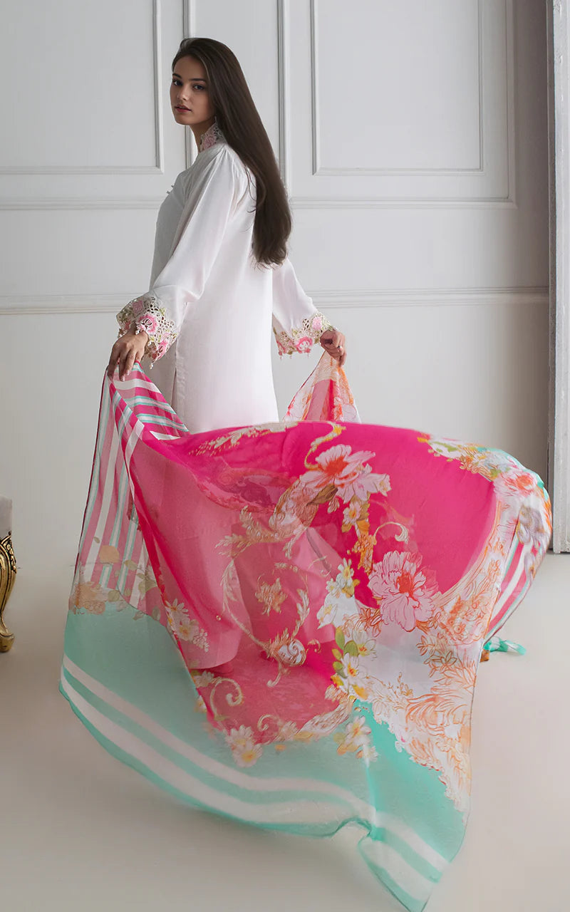 THREADS AND MOTIFS - White with Printed Dupatta