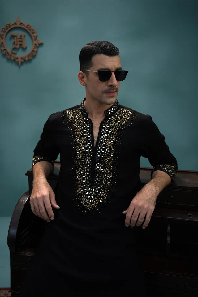 HUMAYUN ALAMGIR (MENSWEAR)-Black armani hand work with stoler