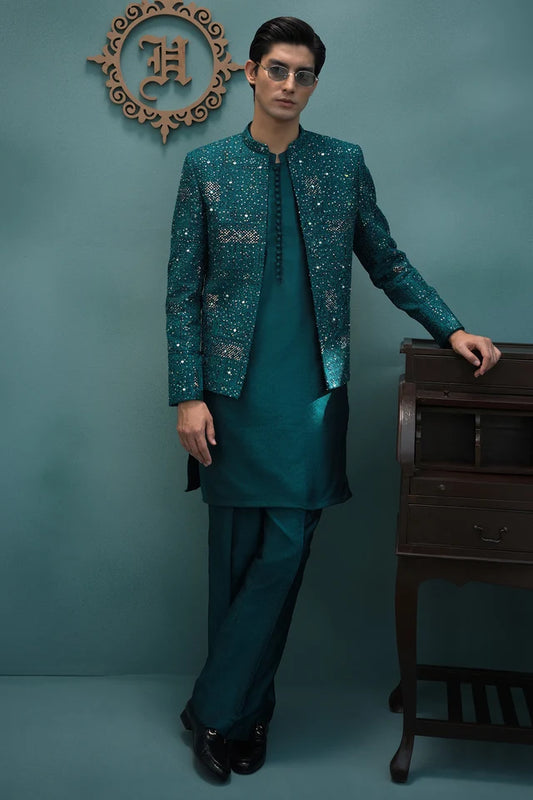 HUMAYUN ALAMGIR (MENSWEAR)- Teal blue  hand embroidered prince coat