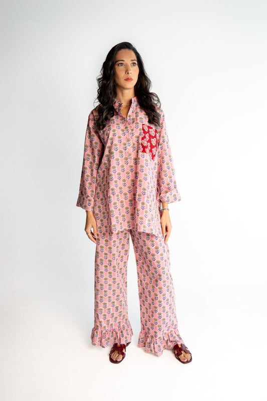 SOBIA GULZAD - Pink Block Print with red pocket set