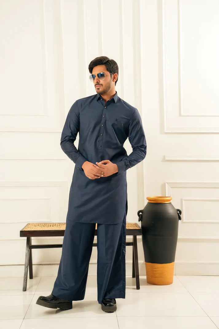 KUNZUL CHANNAR ( MENSWEAR ) - Navy Blue Farshi Shalwar Kameez