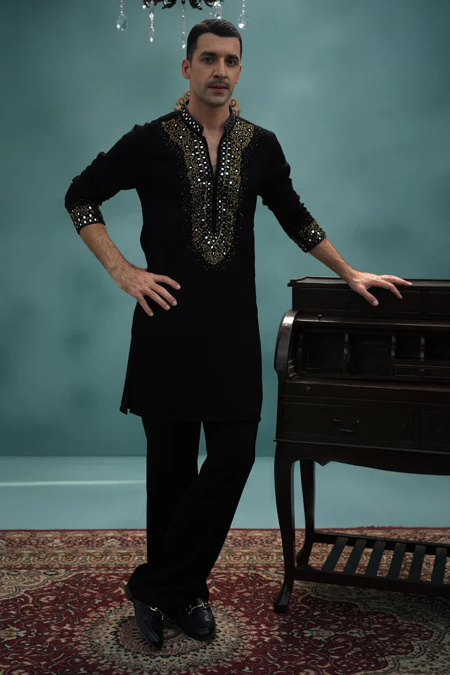 HUMAYUN ALAMGIR (MENSWEAR)-Black armani hand work with stoler