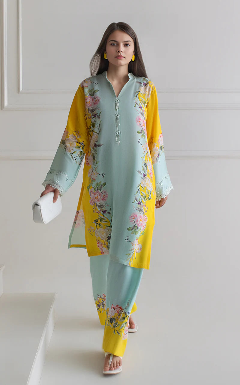 THREADS AND MOTIFS - Mint Green and Yellow Printed