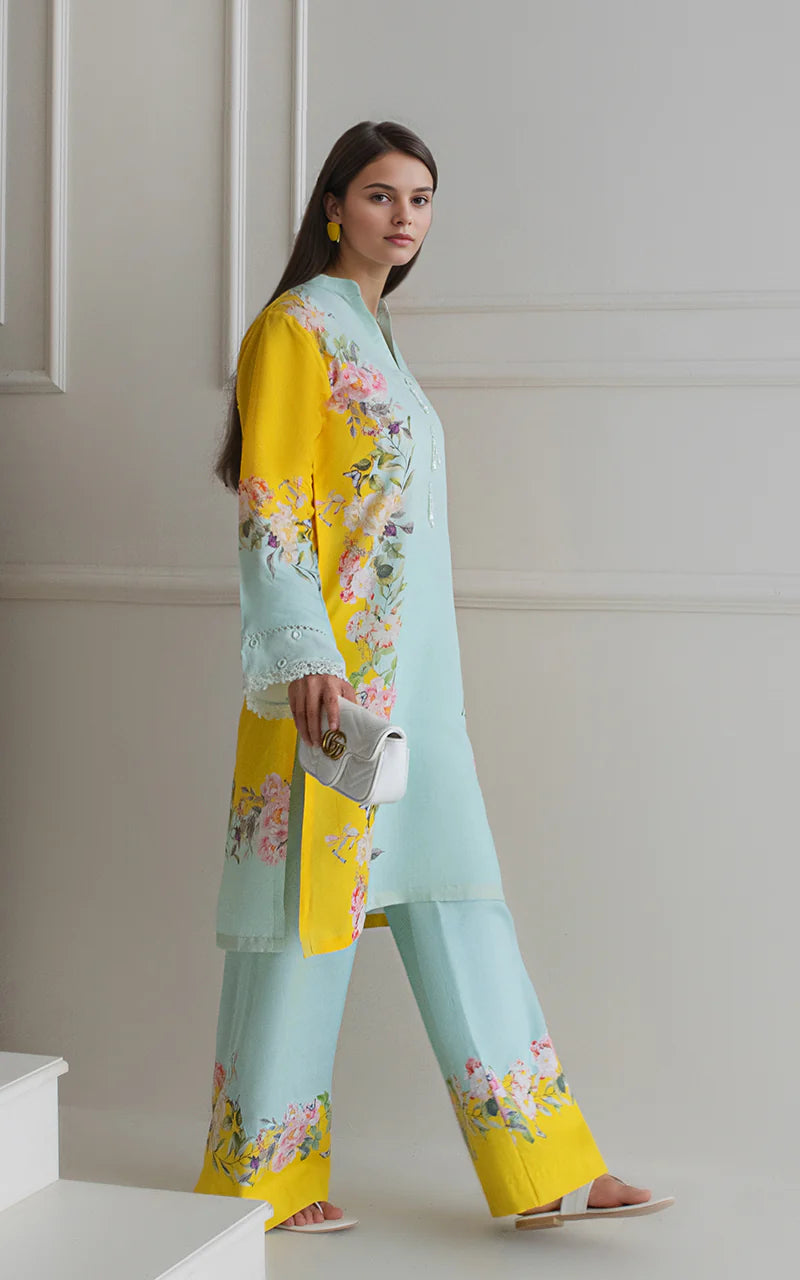 THREADS AND MOTIFS - Mint Green and Yellow Printed