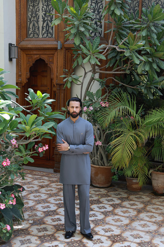 HUMAYUN ALAMGIR MENSWEAR - Slate Grey Wash and Wear Kurta Pajama