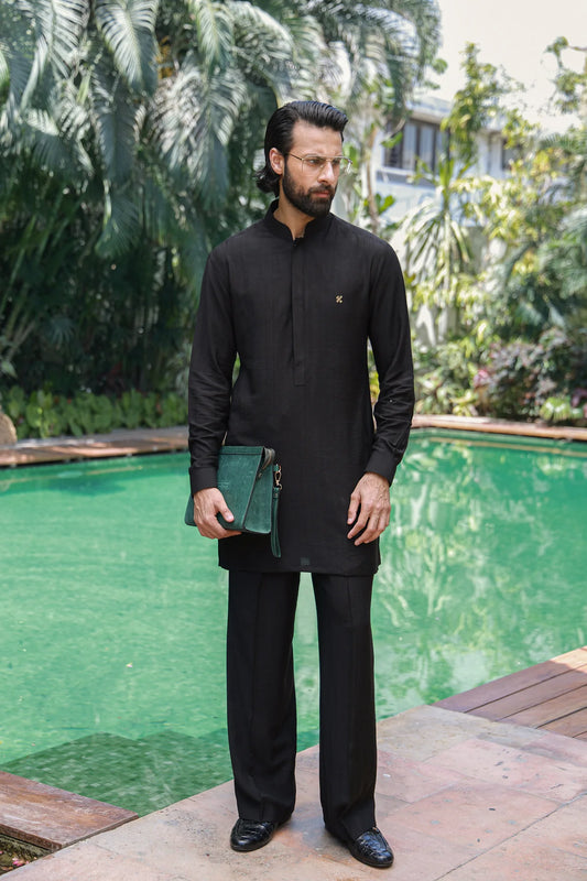 HUMAYUN ALAMGIR MENSWEAR - Black Linen Silk Kurta Pajama