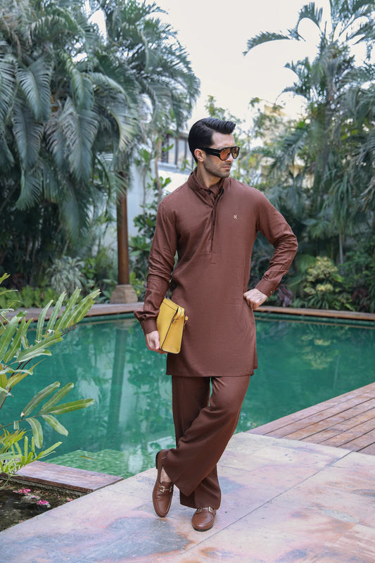 HUMAYUN ALAMGIR MENSWEAR - Brown Linen Kurta Pajama