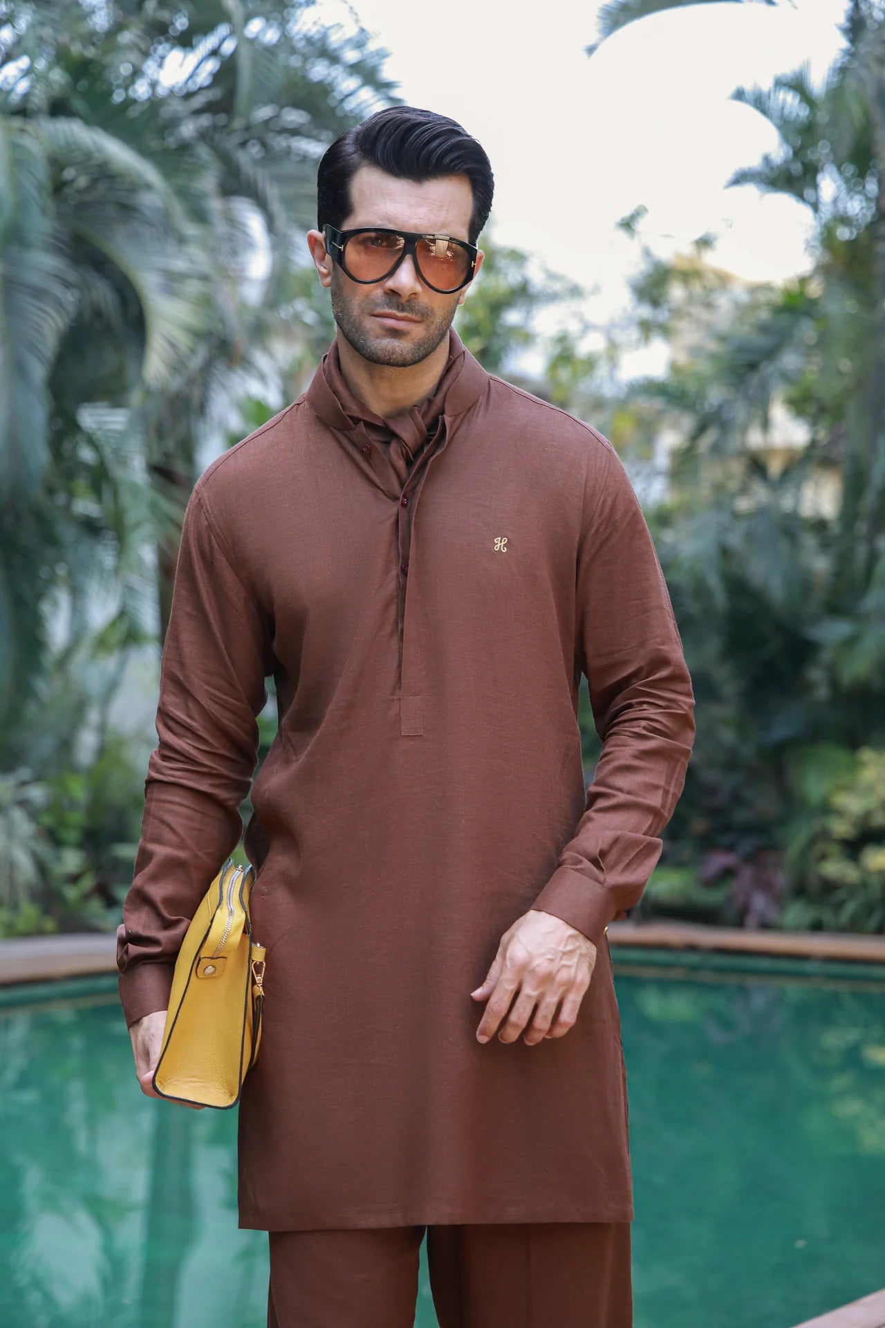 HUMAYUN ALAMGIR MENSWEAR - Brown Linen Kurta Pajama