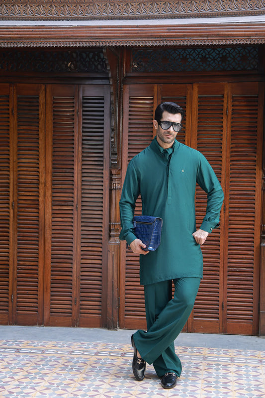HUMAYUN ALAMGIR MENSWEAR - Green Linen Silk Kurta Pajama