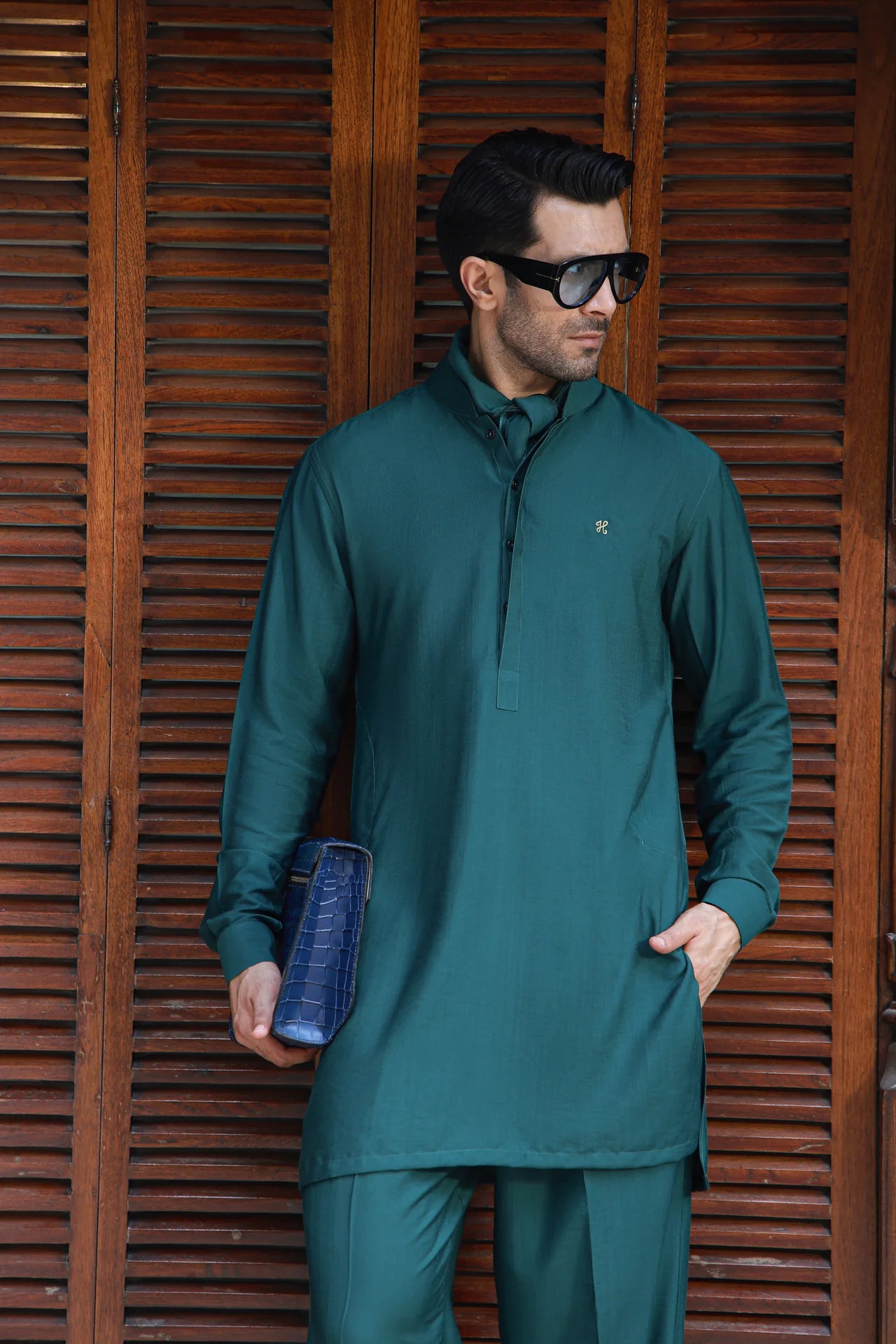 HUMAYUN ALAMGIR MENSWEAR - Green Linen Silk Kurta Pajama