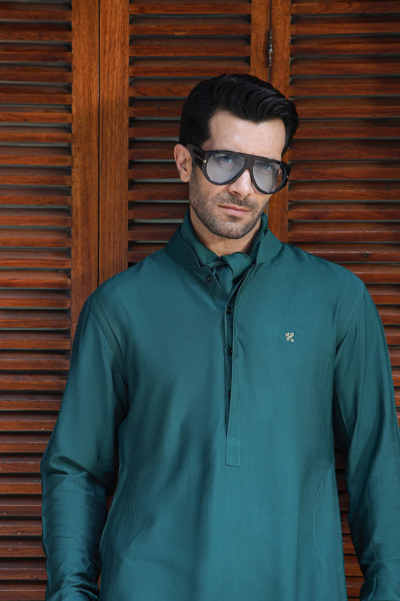 HUMAYUN ALAMGIR MENSWEAR - Green Linen Silk Kurta Pajama