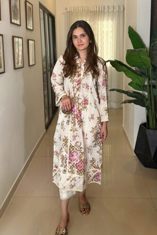 AMNA IQBAL - White Printed Chikan kurta