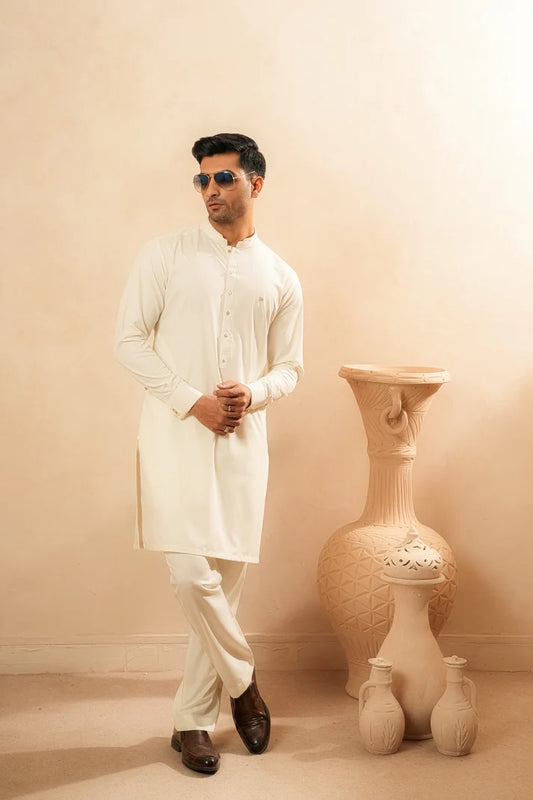KUNZUL CHANNAR ( MENSWEAR ) - Cream White Mandarin Kurta Trouser