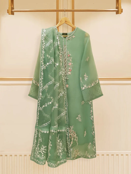 AGHA NOOR - Pista Green Embroidered Suit