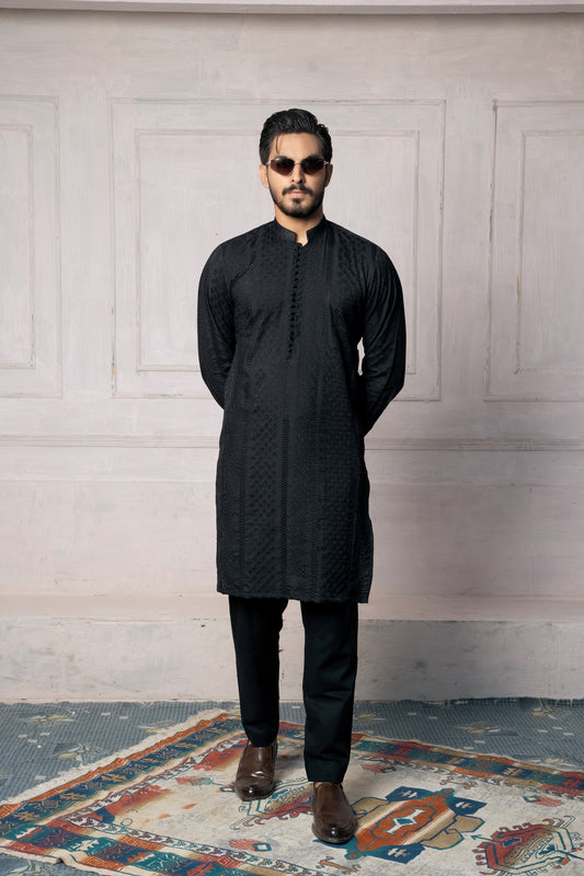KUNZUL CHANNAR MENSWEAR - Black Embroidered Kurta Trouser
