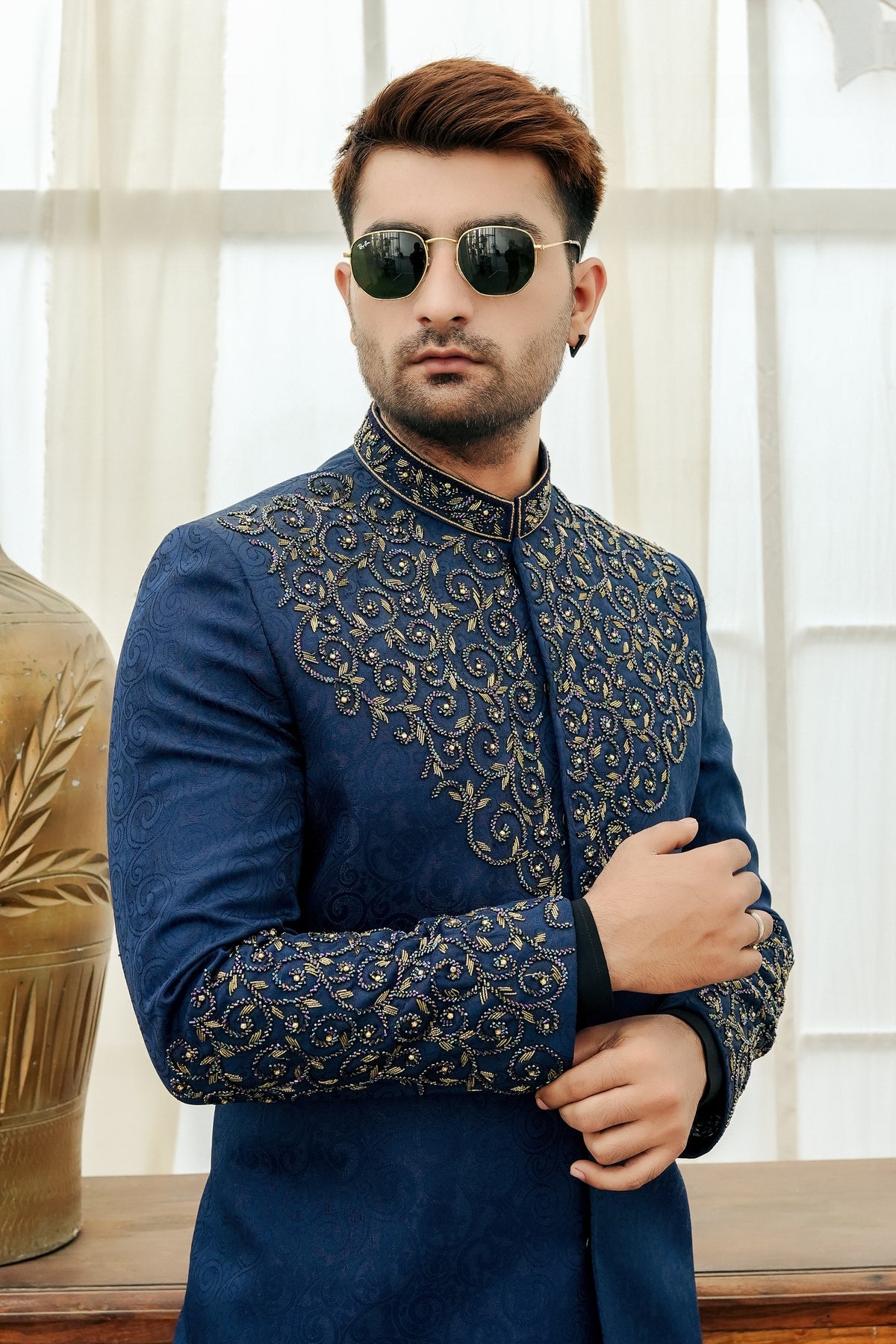 KUNZUL CHANNAR MENSWEAR-Blue panel worl sherwani