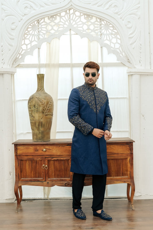 KUNZUL CHANNAR MENSWEAR-Blue panel worl sherwani
