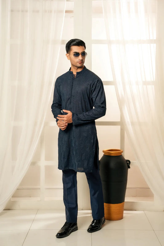 KUNZUL CHANNAR  ( MENSWEAR ) - Dark Blue with Embroidered Kurta and Trouser