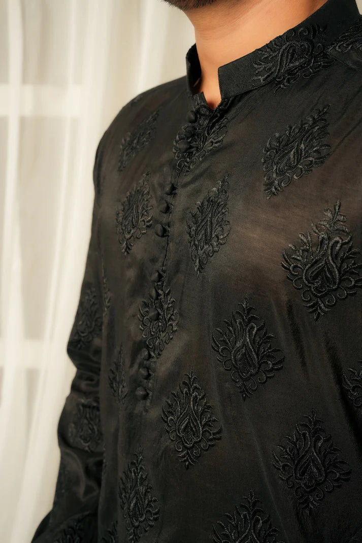 KUNZUL CHANNAR  ( MENSWEAR ) - Dark Black with Motifs Kurta and Trouser