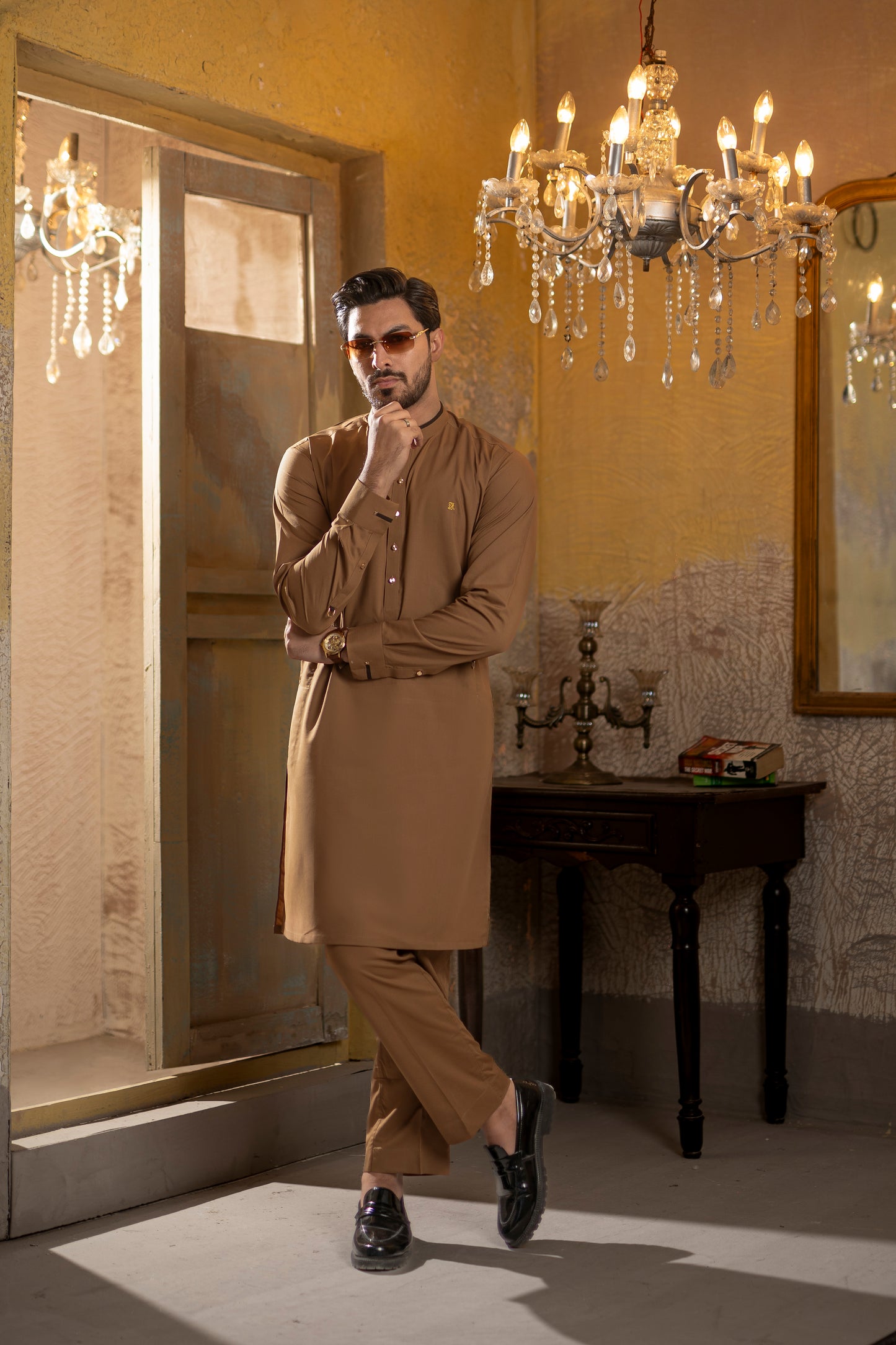 KUNZUL CHANNAR -Coffee band collar kurta trouser