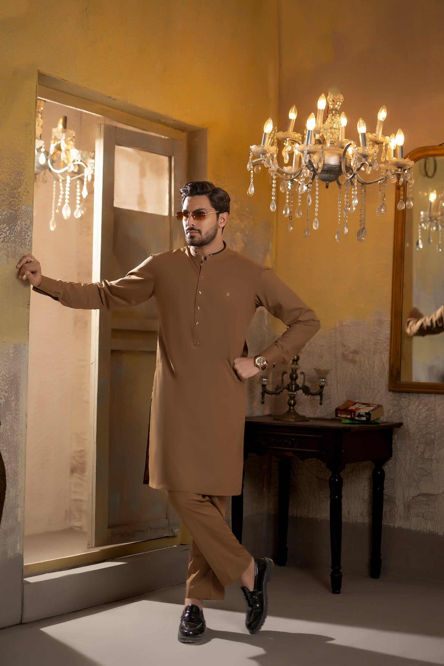 KUNZUL CHANNAR -Coffee band collar kurta trouser