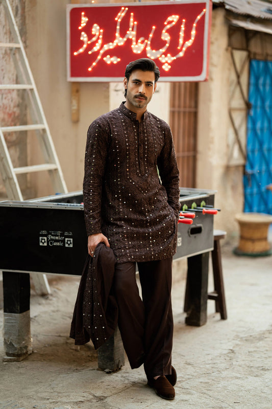 HUMAYUN ALAMGIR (MENSWEAR) - Brown Mirror Work