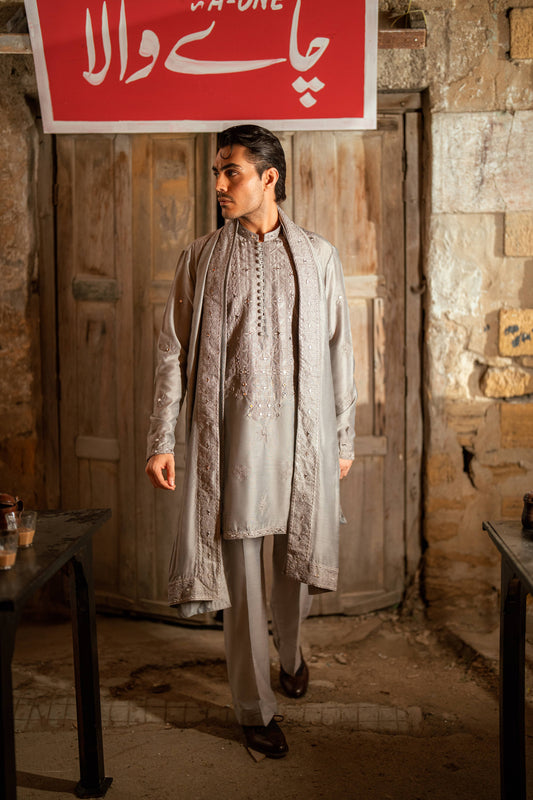 HUMAYUN ALAMGIR (MENSWEAR)-Ash Gray Aina Kari